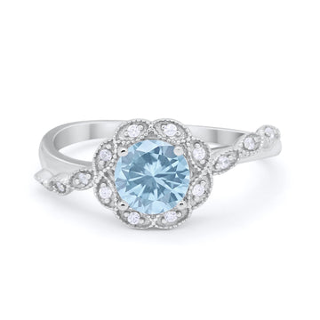 Art Deco Wedding Ring Simulated Aquamarine CZ 925 Sterling Silver